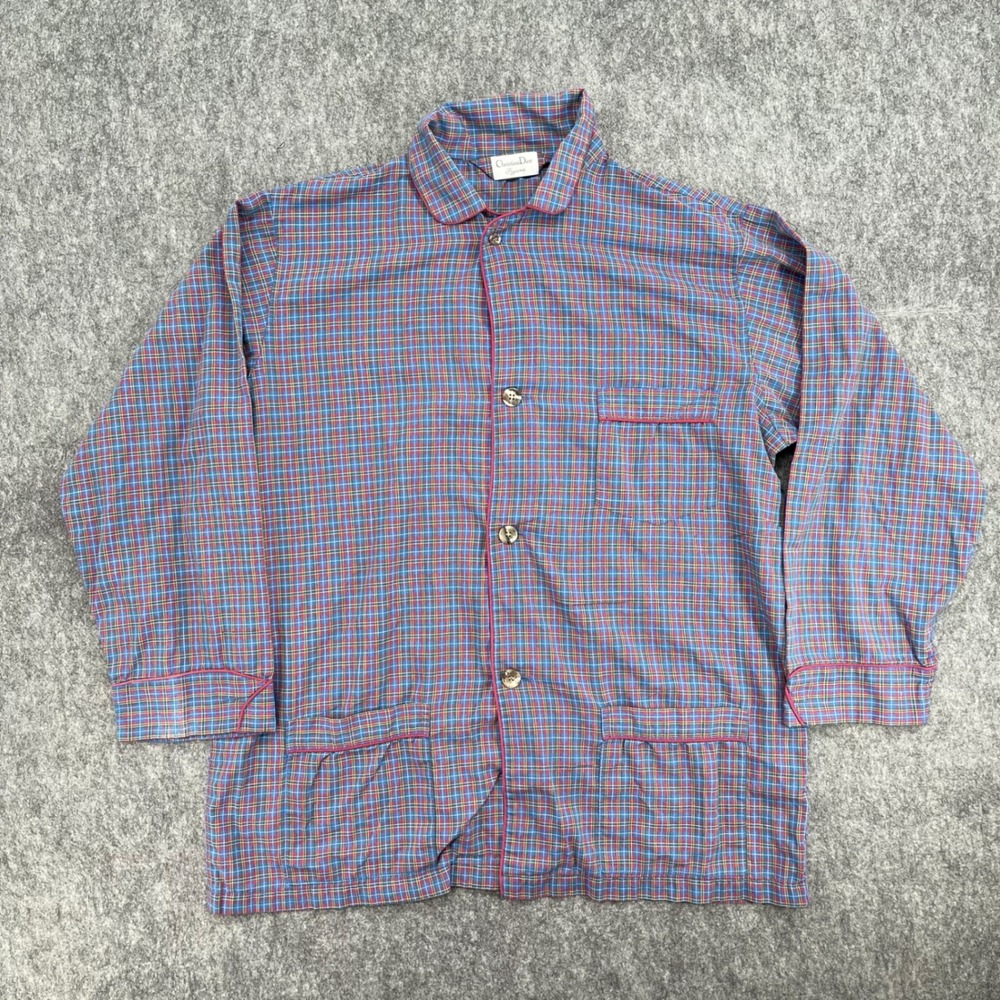 Christian Dior Pajama Shirt Mens XL Blue Red Plaid Button Up Top Sleepwear